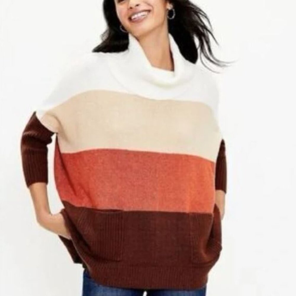 LOFT Oversized Boxy Cowl Neck Color-block Cotton Blend Sweater Size XS Petite